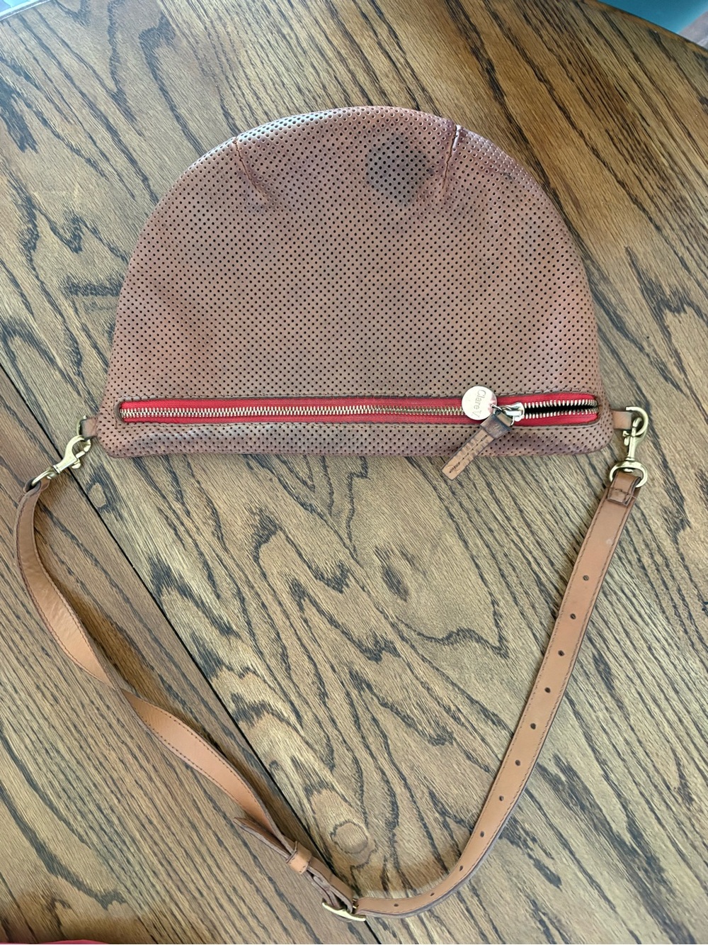 Clare V Perforated Dome Crossbody in Tan with Red Trim